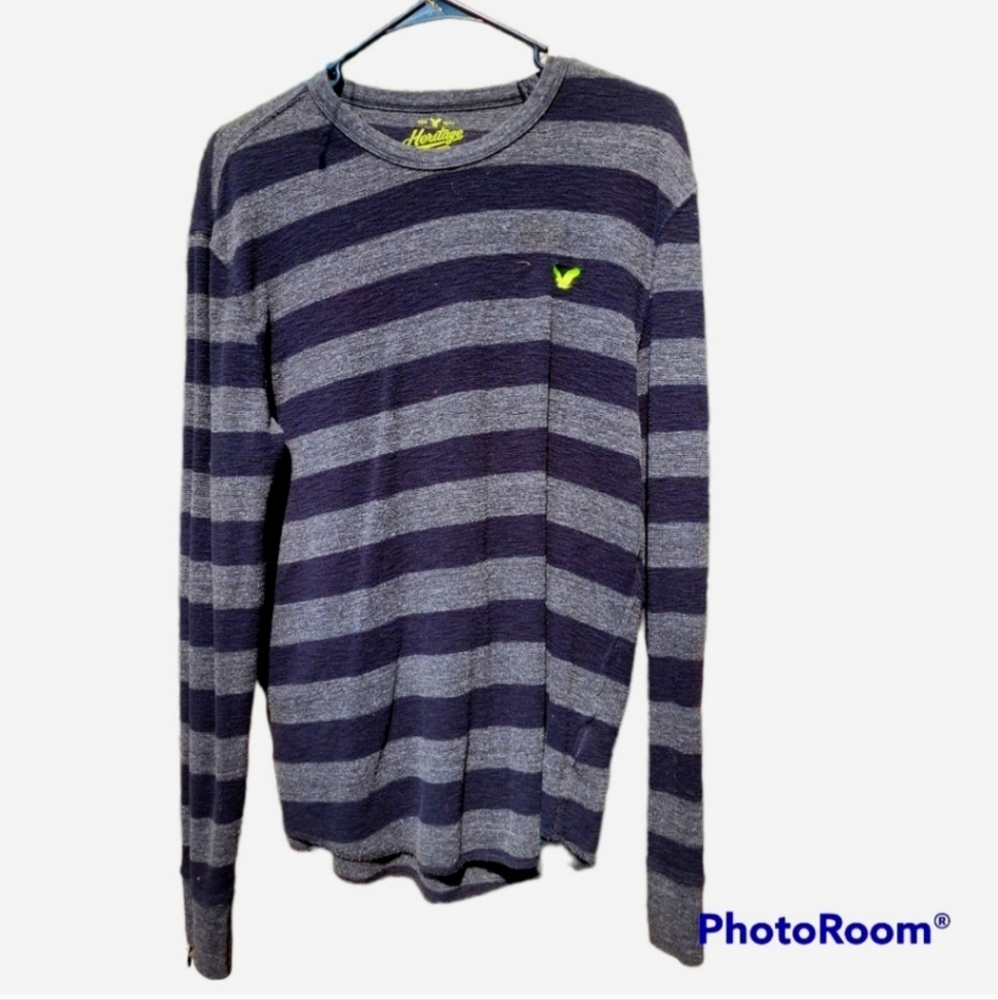 American Eagle Men's Heritage black and gray striped long sleeve thermal shirt.